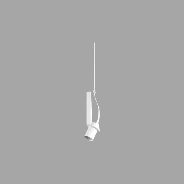"An oblique pendant light with a white cylindrical shade, showcasing its minimalist and modern design."