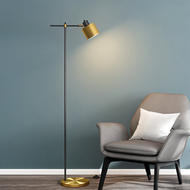"Iron floor lamp with adjustable cylindrical shade and gold base, providing stylish and functional lighting in a modern living room setting"
