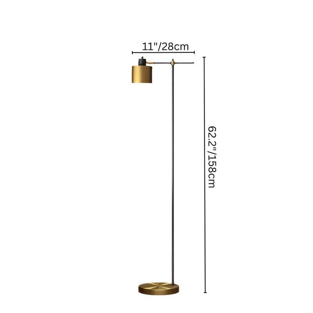 "Dimensions of the modern floor lamp with adjustable cylindrical shade: 11" (28cm) width, 62.2" (158cm) height, featuring a sleek iron frame and gold base"