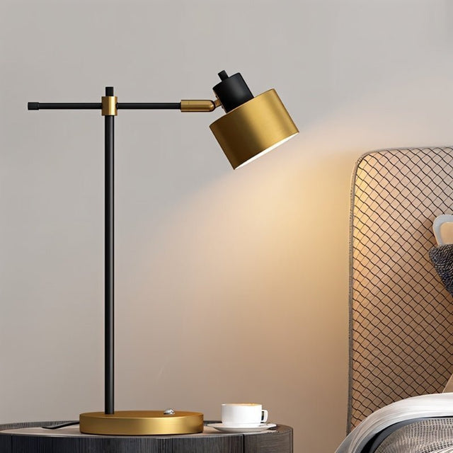 "Iron table lamp with sleek, modern design and rotatable head, featuring a sturdy base and clean lines, perfect for bedside tables"