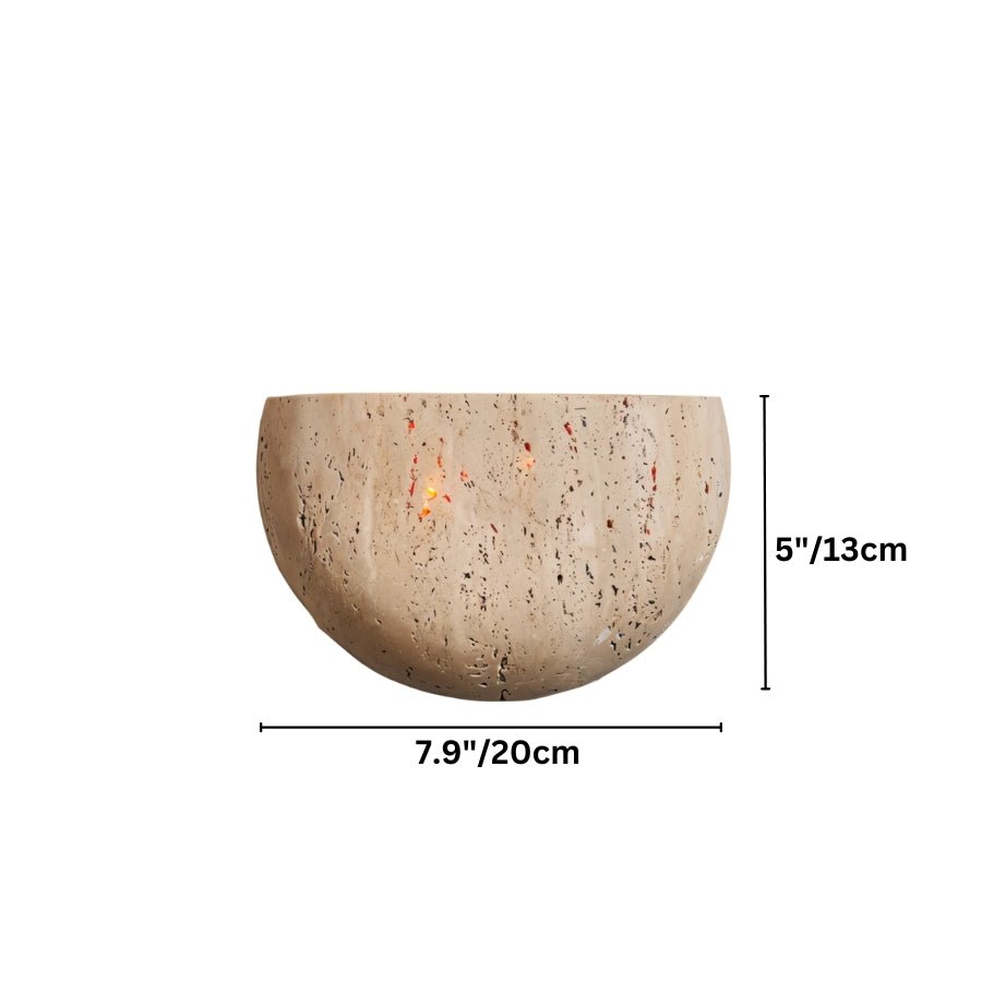 "Dimensions of a minimalist, semi-circular travertine wall lamp, suitable for modern and earthy spaces."