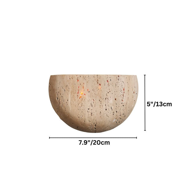 "Dimensions of a minimalist, semi-circular travertine wall lamp, suitable for modern and earthy spaces."