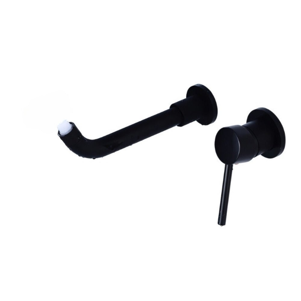Matte black Vartay Bathroom Faucet with curved spout and lever handle, shown in disassembled view for clarity.