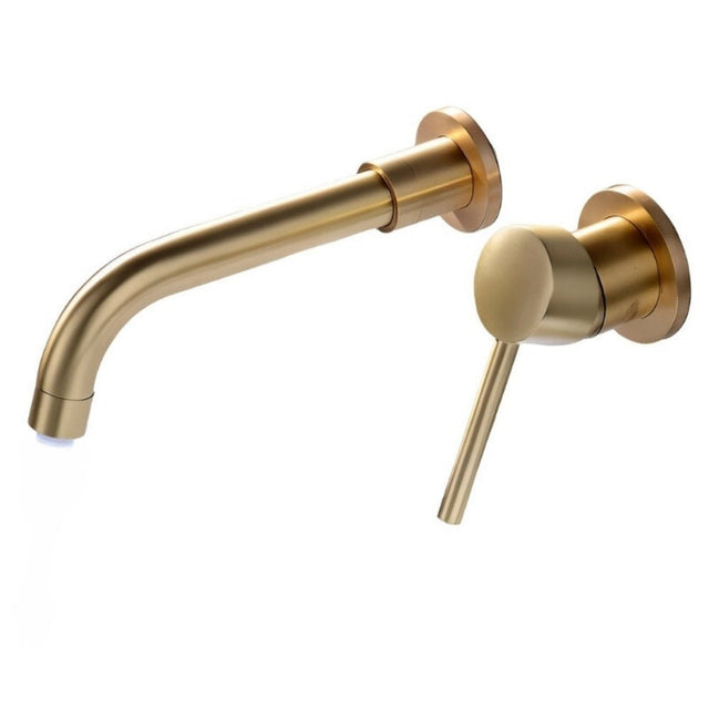 Brushed gold Vartay Bathroom Faucet with curved spout and lever handle, ideal for modern wall-mounted installations.