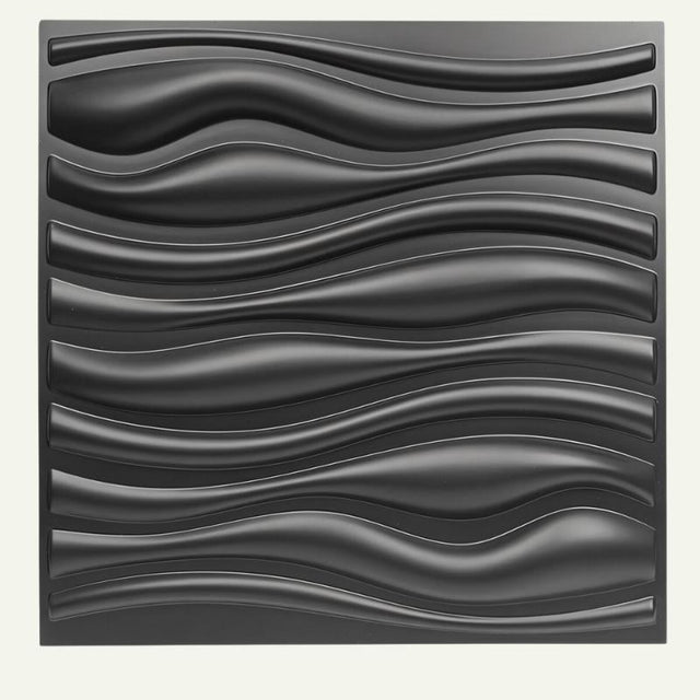 Vefni Panels - Durable, Modern Design for Any Space. Black Vefni PVC wall panel with bold 3D wave texture for stylish and durable wall decor.