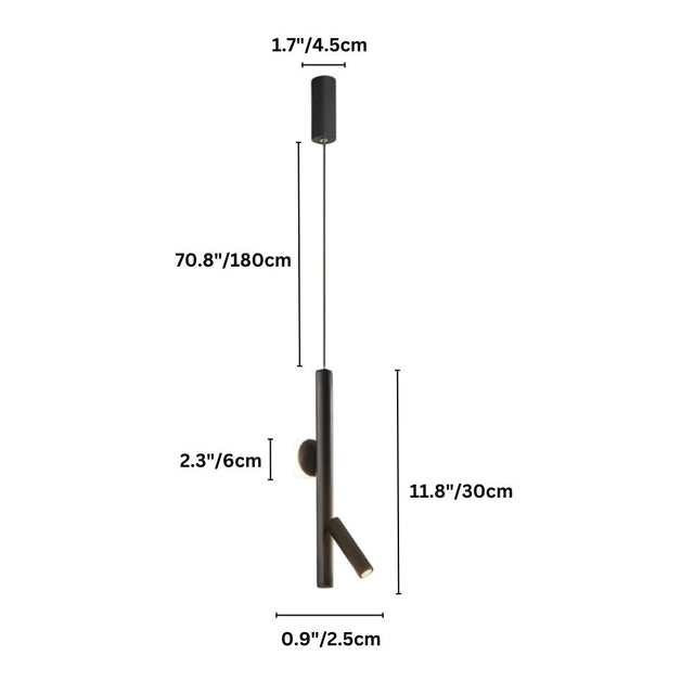 "Diagram showing the dimensions of a sleek iron and acrylic pendant light with cylindrical rods and a glowing orb accent."