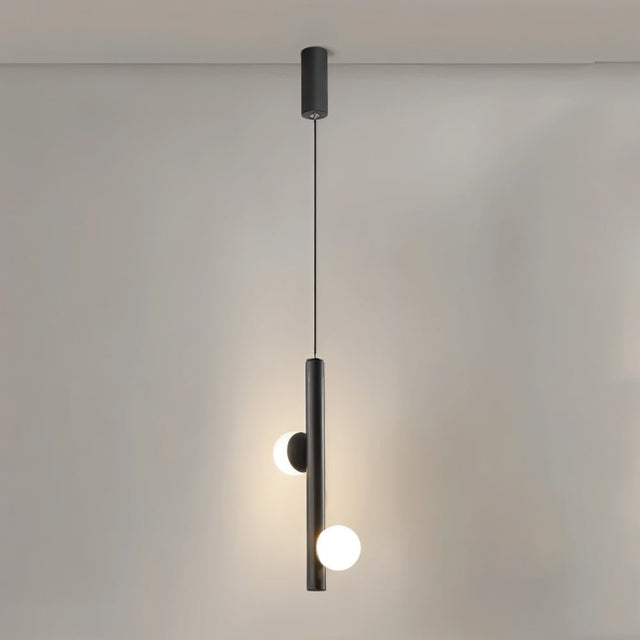 "A sleek, iron and acrylic pendant light with cylindrical rods and two glowing orb accents, isolated on a white background."