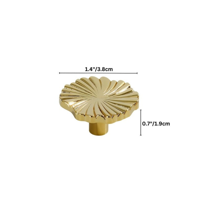 "A gold brass drawer pull with a fan-shaped design, showing dimensions."