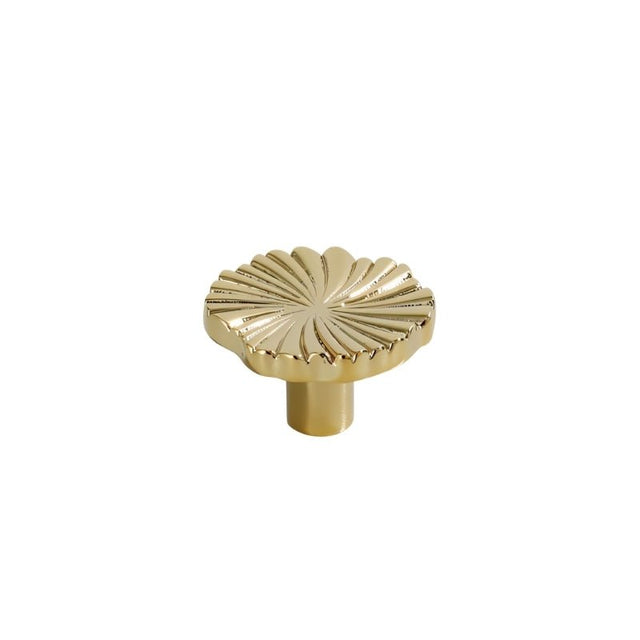 "A gold brass drawer pull with a fan-shaped design, front view on a white background."