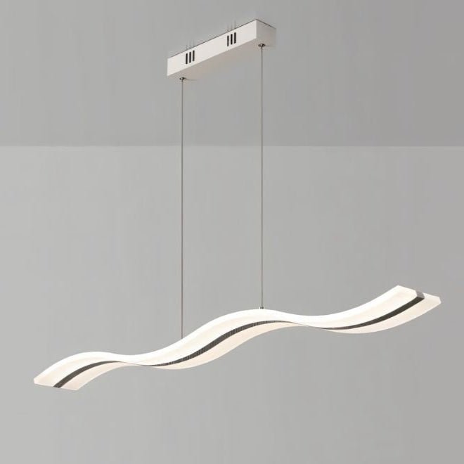 "A modern LED pendant light with an undulating wave design, isolated on a light gray background."