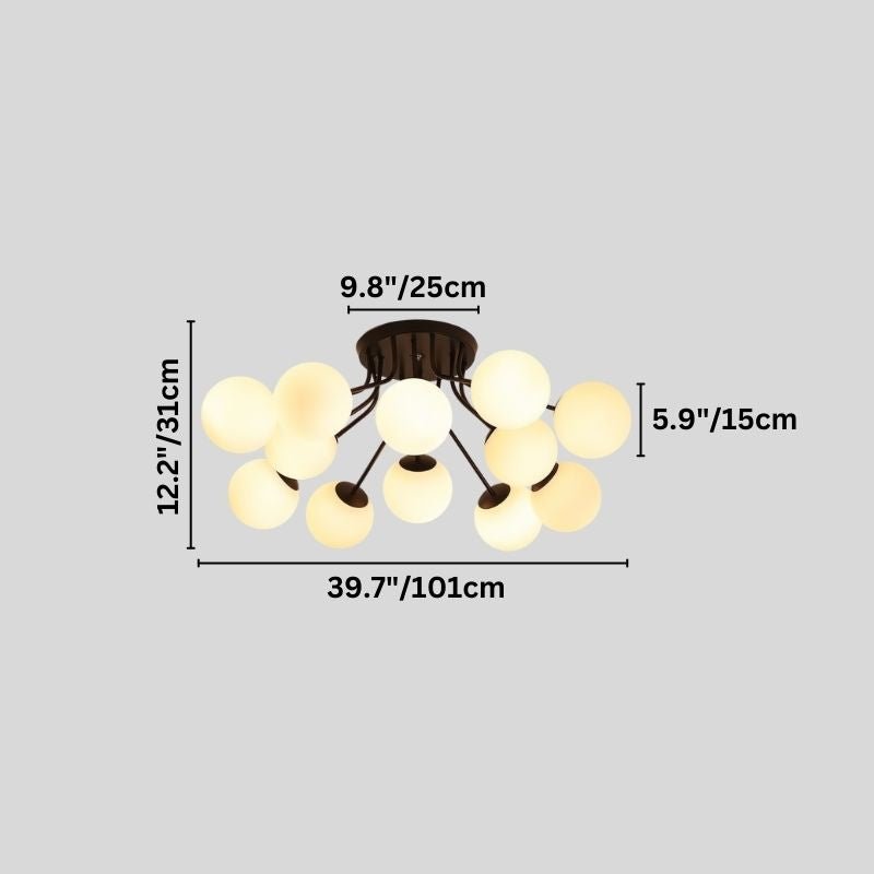 "A modern ceiling light with spherical glass shades and an iron frame, showing product dimensions."