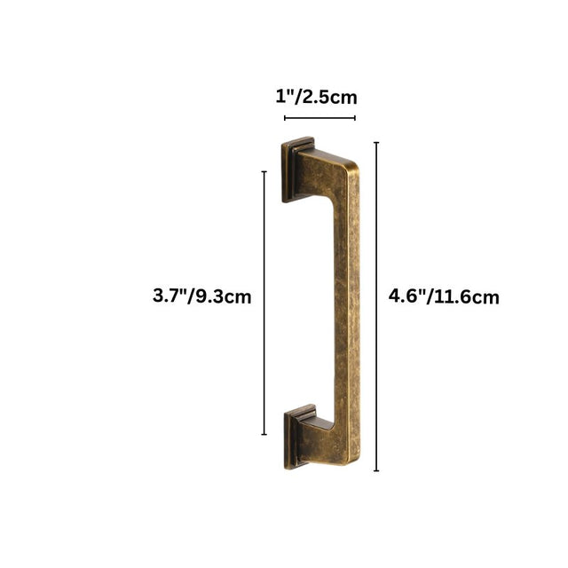 "Dimensions of a vintage brass pull bar with a sleek, modern rectangular design: 3.7 inches center-to-center, 4.6 inches overall length, and 1 inch in height."