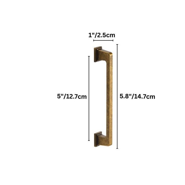 "Dimensions of a vintage brass pull bar with a sleek, modern rectangular design: 5 inches center-to-center, 5.8 inches overall length, and 1 inch in height."