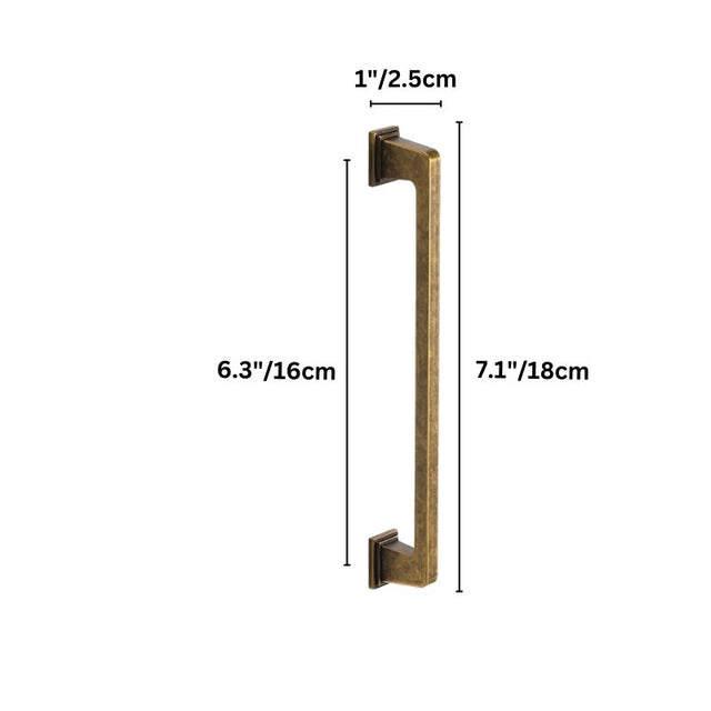 "Dimensions of a vintage brass pull bar with a sleek, modern rectangular design: 6.3 inches center-to-center, 7.1 inches overall length, and 1 inch in height."