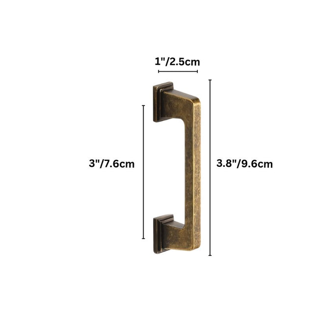 "Dimensions of a vintage brass pull bar with a sleek, modern rectangular design: 3 inches center-to-center, 3.8 inches overall length, and 1 inch in height."