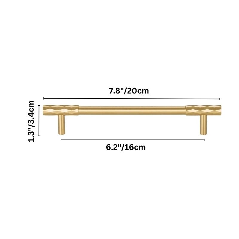 "Dimensions of an extra-large gold faceted brass pull bar with a diamond-cut texture, blending geometric precision with modern luxury."