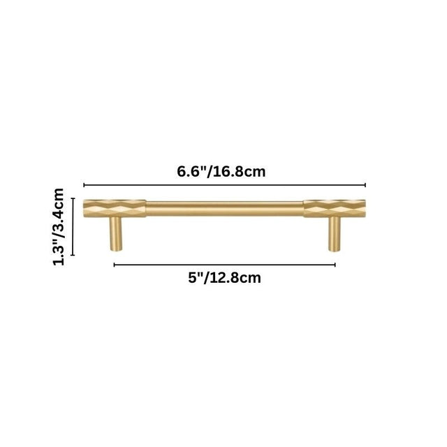 "Dimensions of a large gold faceted brass pull bar with a diamond-cut texture, blending geometric precision with modern luxury."