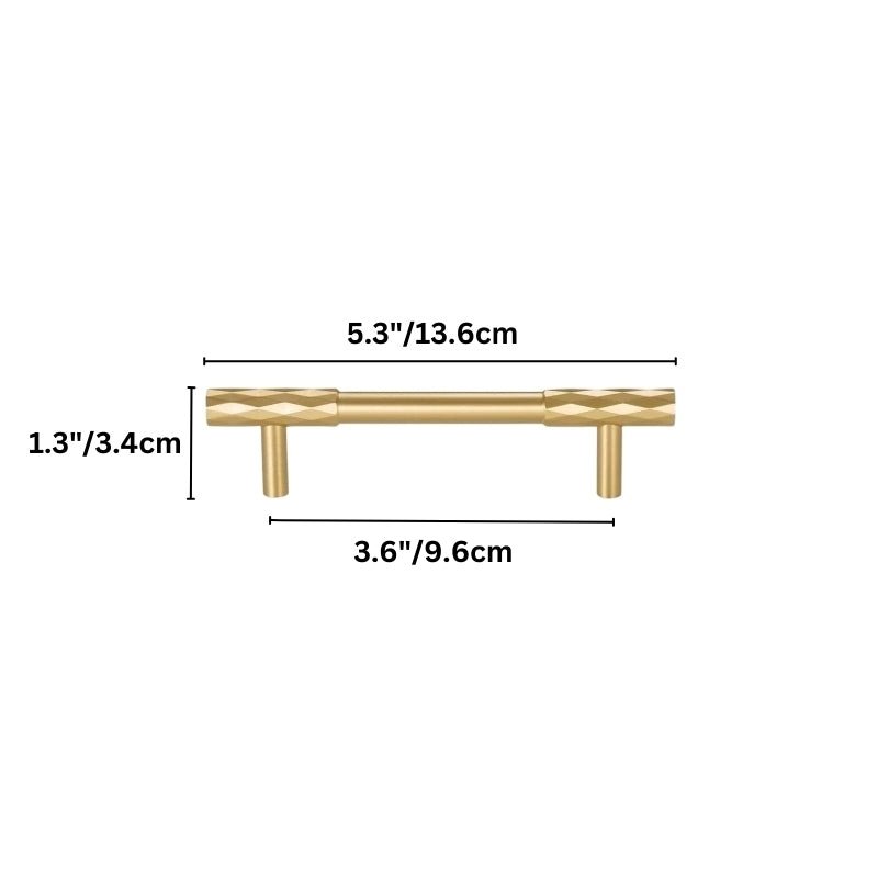 "Dimensions of a gold faceted brass pull bar with a diamond-cut texture, blending geometric precision with modern luxury."