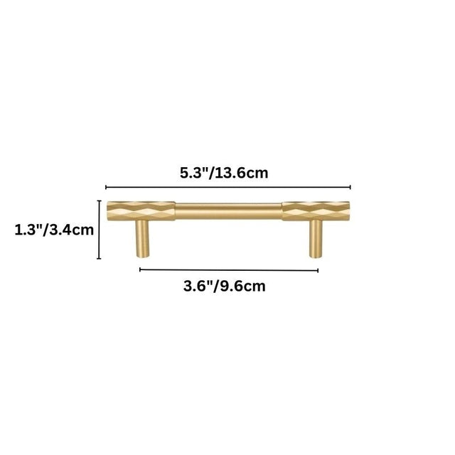 "Dimensions of a gold faceted brass pull bar with a diamond-cut texture, blending geometric precision with modern luxury."