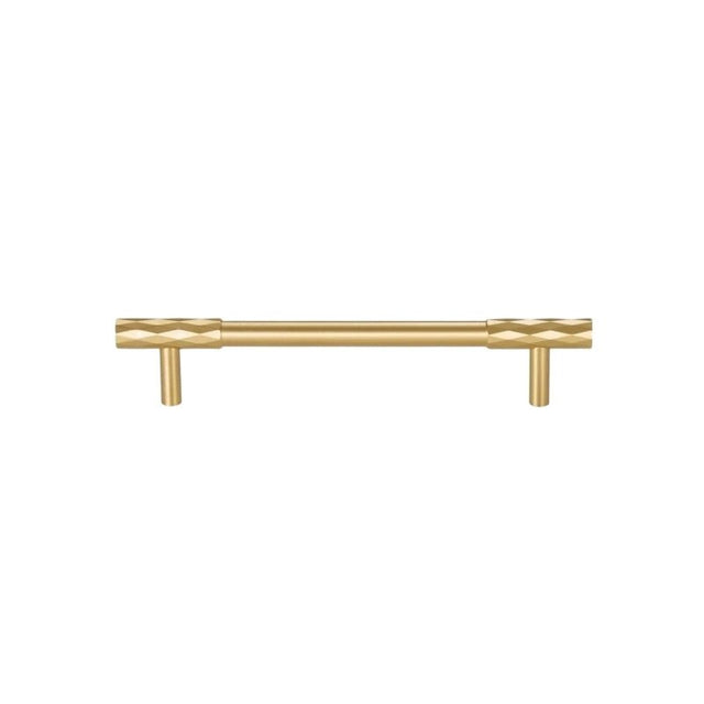 "A luxury gold faceted brass pull bar with a diamond-cut texture, isolated on a white background."