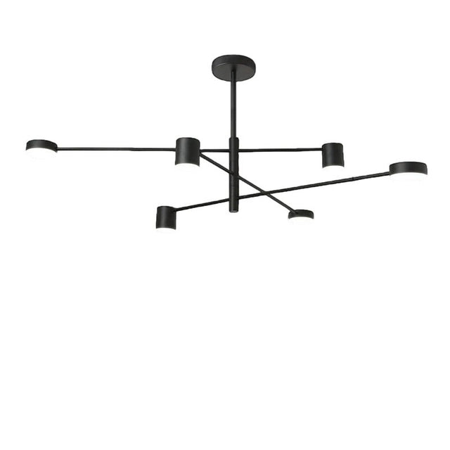 "A black chandelier with multiple arms extending in different directions, each with a small, round light at the end, shown against a white background."