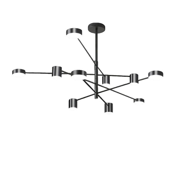 "A black chandelier with multiple arms extending in different directions, each with a small, round light at the end, shown against a white background."