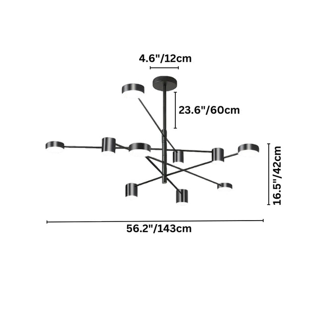 "A black chandelier with multiple arms extending in different directions, each with a small, round light at the end, shown against a white background with dimension measurements."