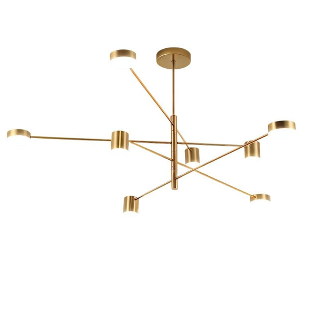 "A gold chandelier with multiple arms extending in different directions, each with a small, round light at the end, shown against a white background."