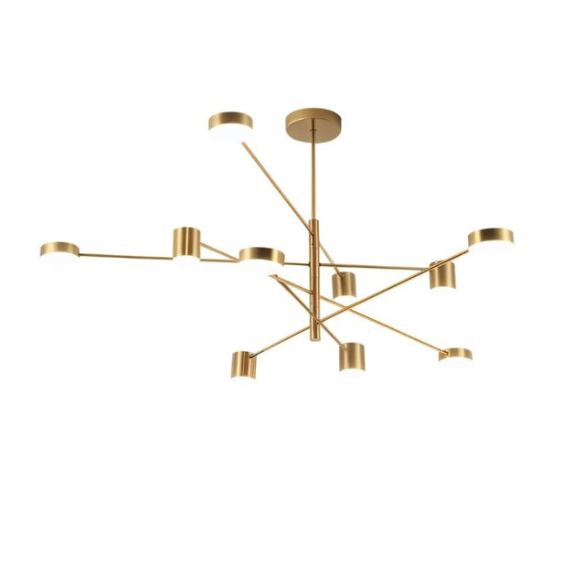 "A gold chandelier with multiple arms extending in different directions, each with a small, round light at the end, shown against a white background."