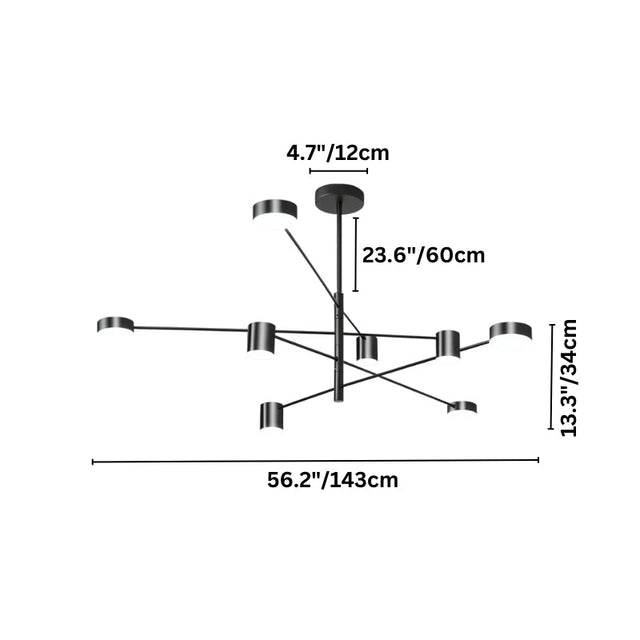 "A black chandelier with multiple arms extending in different directions, each with a small, round light at the end, shown against a white background with dimension measurements."