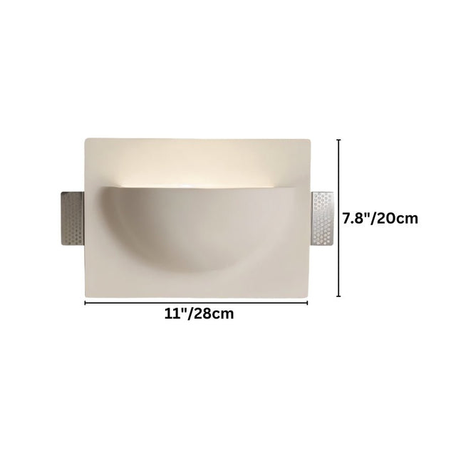 "Dimensions of a sleek, minimalist, half-moon shaped trimless light made of gypsum and metal, designed for seamless integration into walls or ceilings, providing a soft, ambient glow for modern interiors."