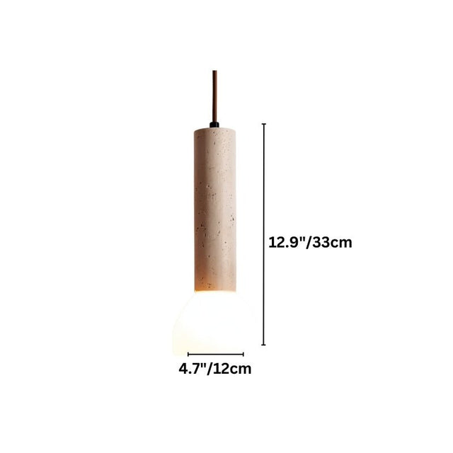 "Cylindrical travertine pendant light with a frosted glass diffuser, labeled with dimensions: 12.9 inches height and 4.7 inches width."