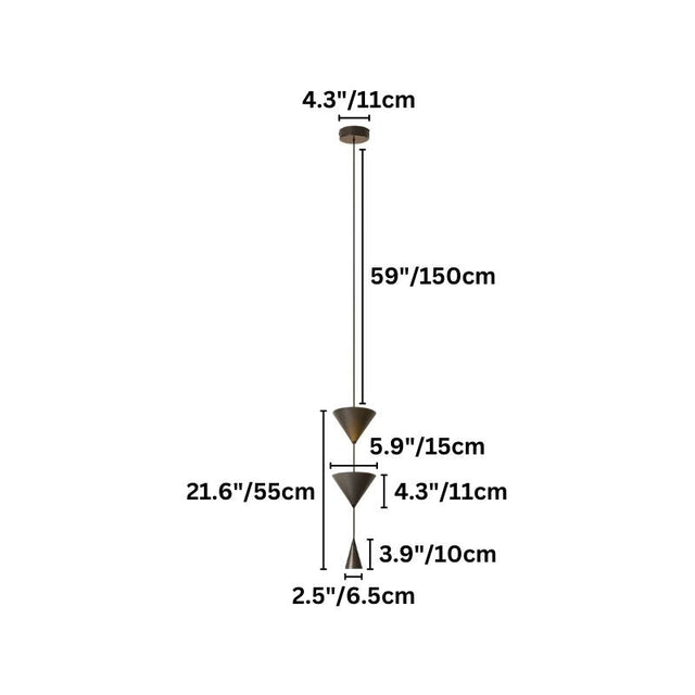 "Dimensions of a modern pendant light with stacked conical shades, made of aluminum and acrylic."