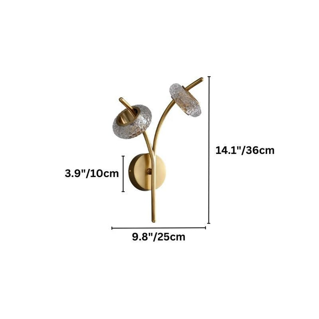 "A modern wall lamp with two glass shades and a gold metal frame, showing dimensions of 14.1 inches, 3.9 inches, and 9.8 inches."