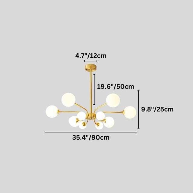 "A gold chandelier with multiple frosted glass globes, shown against a gray background with dimension measurements."