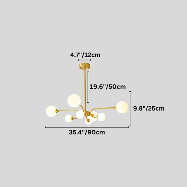 "A gold chandelier with eight frosted glass globes, shown against a gray background with dimension measurements."