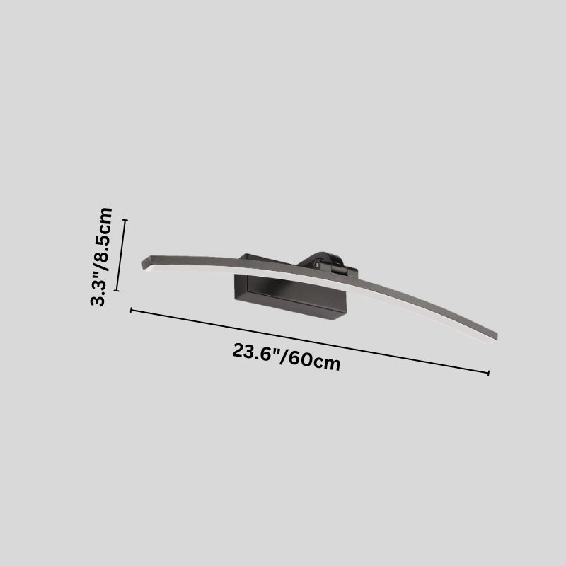 "A modern, curved LED wall lamp with labeled dimensions, featuring its sleek design and 23-inch length."