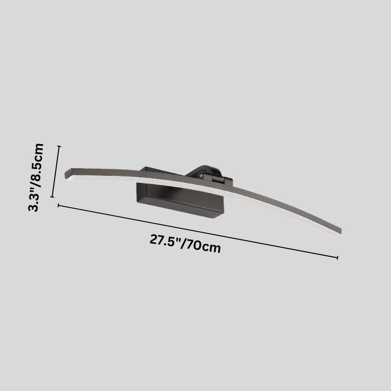 "A modern, curved LED wall lamp with labeled dimensions, showcasing its sleek design and 27-inch length."