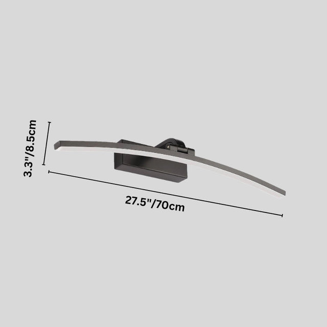 "A modern, curved LED wall lamp with labeled dimensions, showcasing its sleek design and 27-inch length."