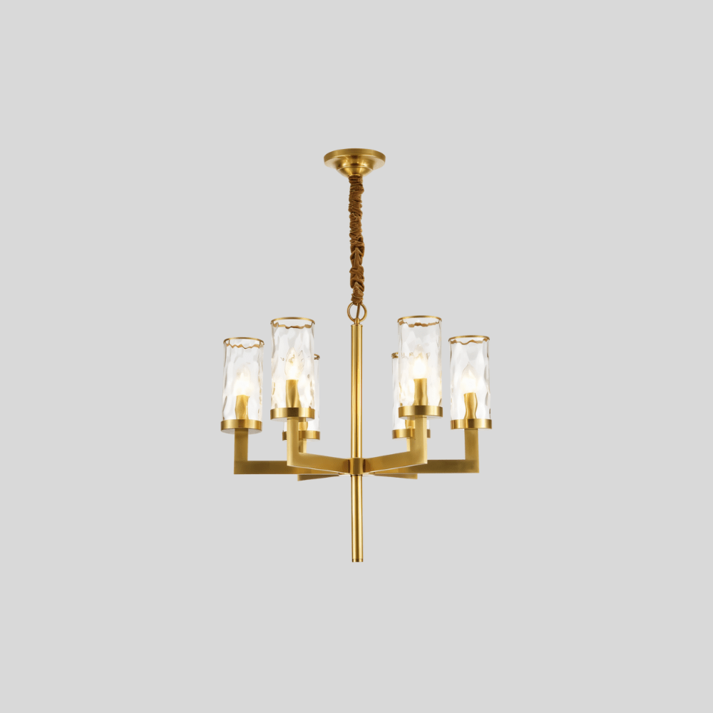 Wynlo Chandelier – minimalist 6-light copper chandelier with clear glass shades, perfect for modern indoor lighting.