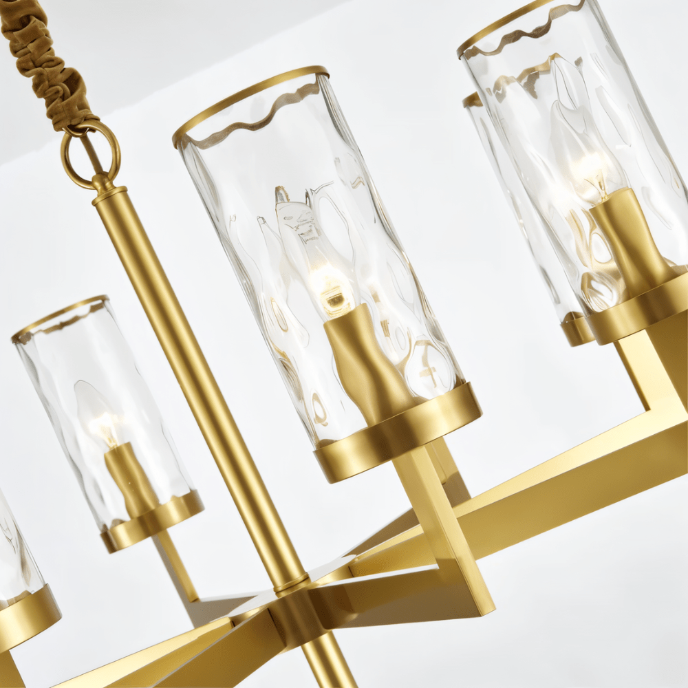 Wynlo Chandelier – detailed view of textured glass shades and copper arms, highlighting craftsmanship and modern style.