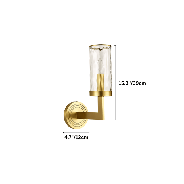 Wynlo Copper Walllamp product dimensions: 15.3 inches tall and 4.7 inches wide, featuring ripple glass shade and gold metal arm.