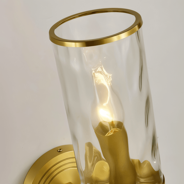 Close-up of Wynlo Copper Walllamp showing detailed ripple glass shade and warm bulb glow, highlighting its refined copper finish.