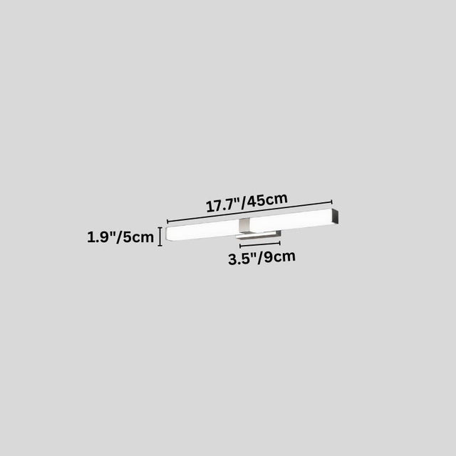 "A silver wall lamp with a linear LED bar, 45cm in length, showing detailed dimensions in inches and centimeters on a grey background."