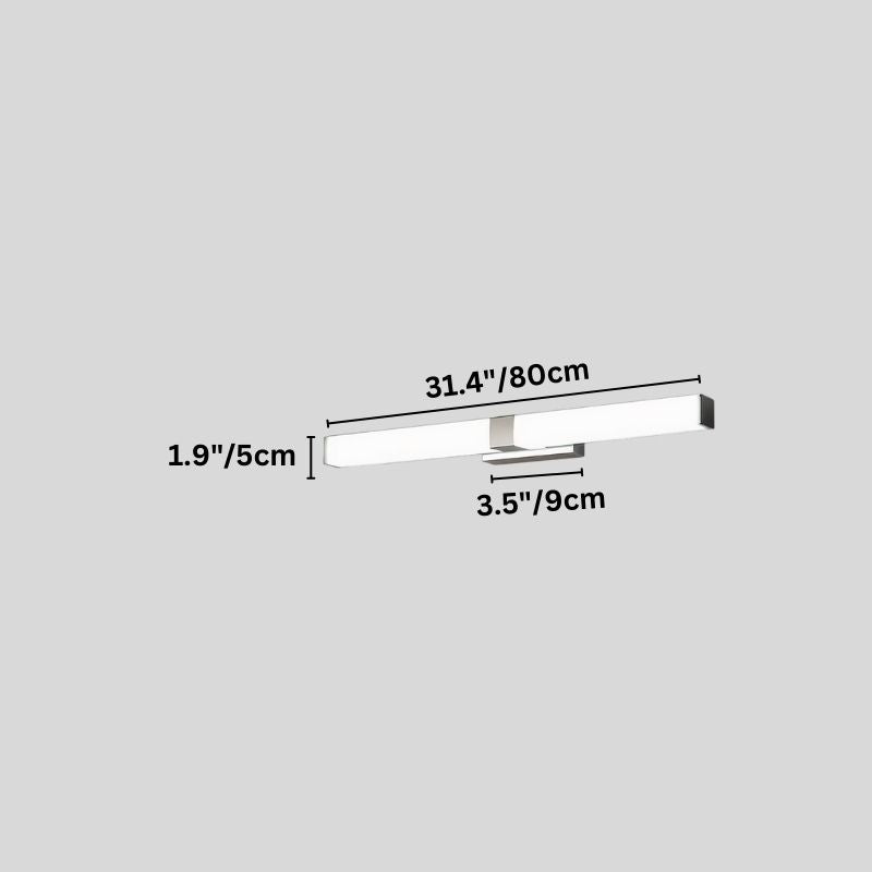 "A silver wall lamp with a linear LED bar, 80cm in length, showing detailed dimensions in inches and centimeters on a grey background."