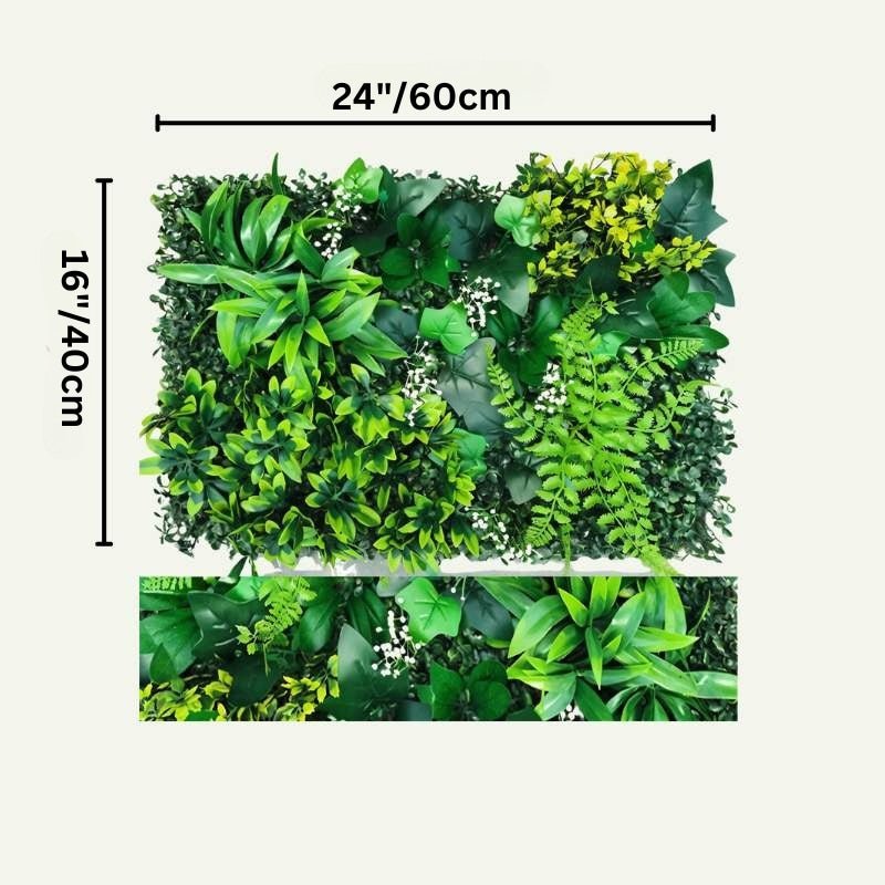 Yasna Greenery Panel measuring 24x16 inches, featuring vibrant artificial plants and ferns for customizable indoor green wall decor.