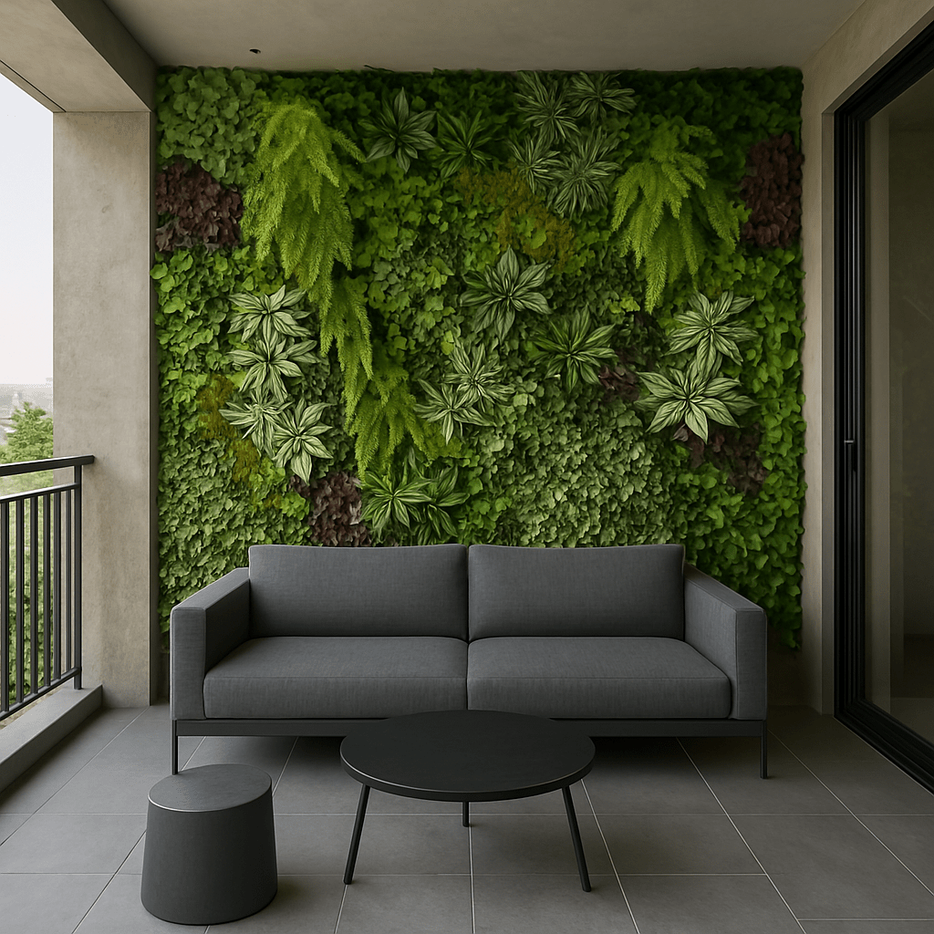 Yasna Greenery Panel on balcony wall with lifelike ferns and ivy, creating a lush, low-maintenance indoor nature backdrop behind a gray sofa.