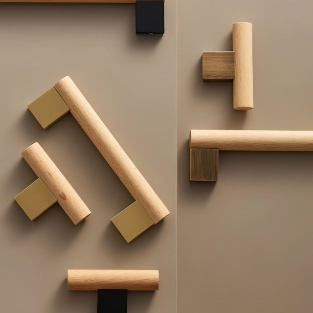"Geometric wood and brass knobs and pull bars, combining natural finishes with modern design for contemporary furniture."