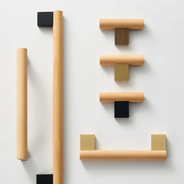 "Modern wood and brass knobs and pull bars, showcasing sleek hardware for contemporary furniture."