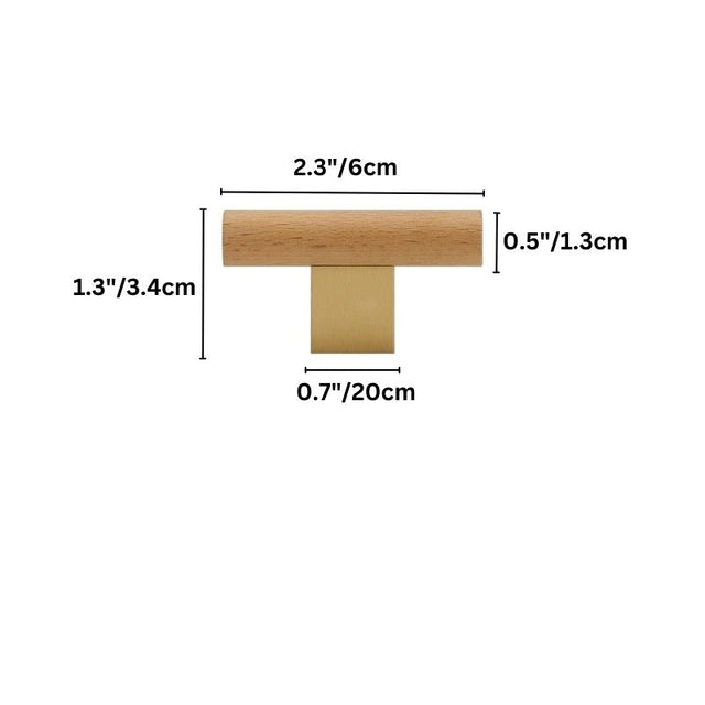 "Dimensions of a minimalist wood and brass knob for contemporary furniture."